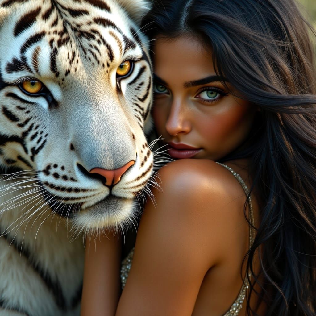 Sabertooth Tiger and Woman in Hyperrealistic Romanticism