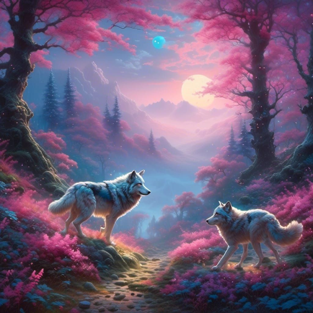 Wolves Under Pink Trees in Ethereal Fantasy Style