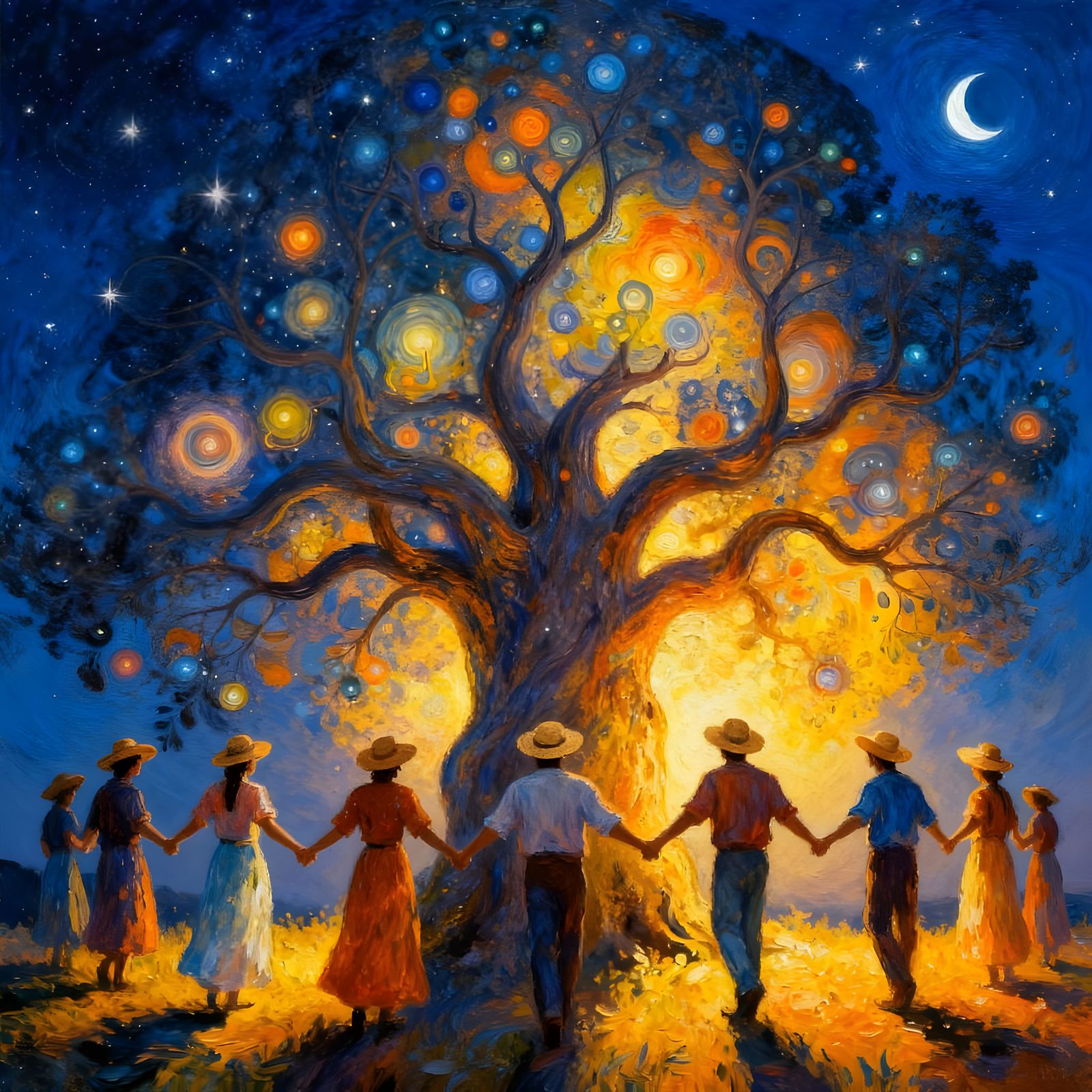 People Holding Hands at Magical Backlit Tree