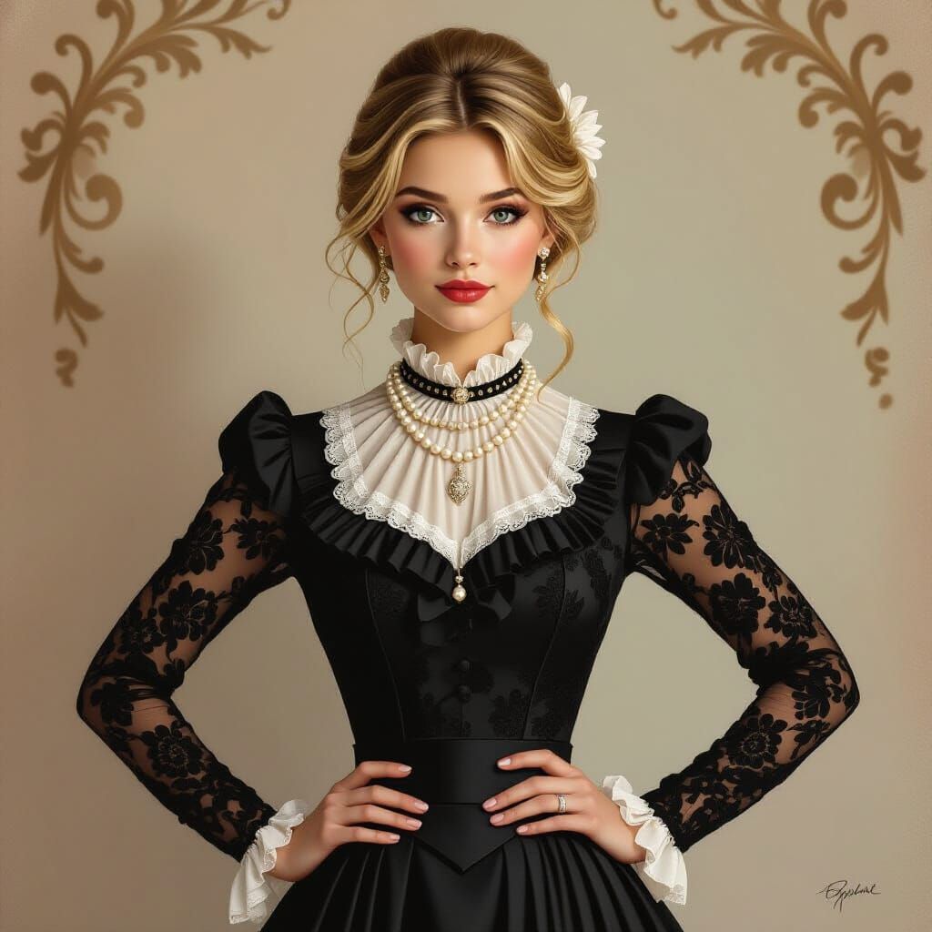 Elegant Woman in Black Lace Dress with Pearl Necklace