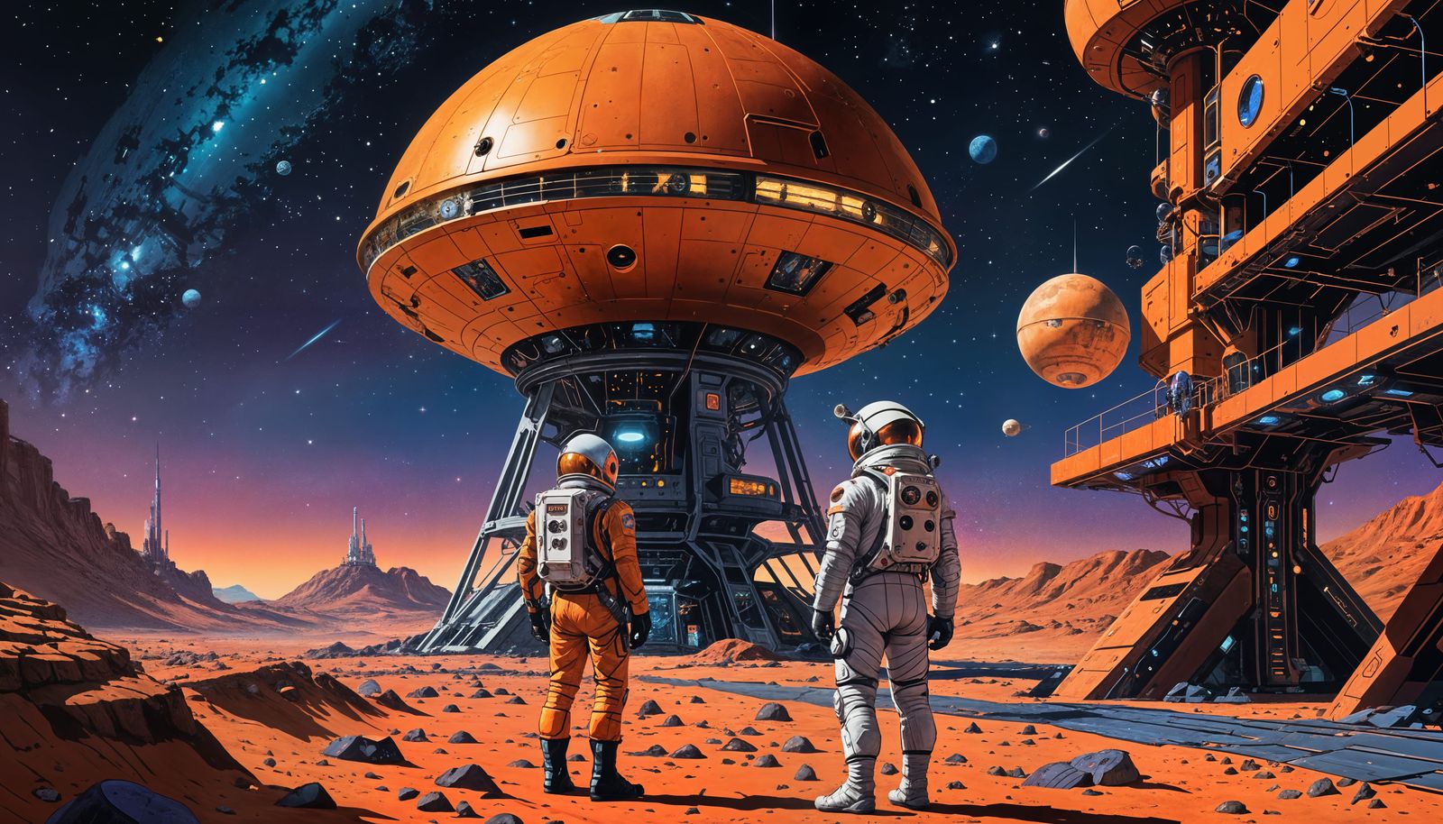Martian UFO Station in Retrofuturistic Sci-Fi Style
