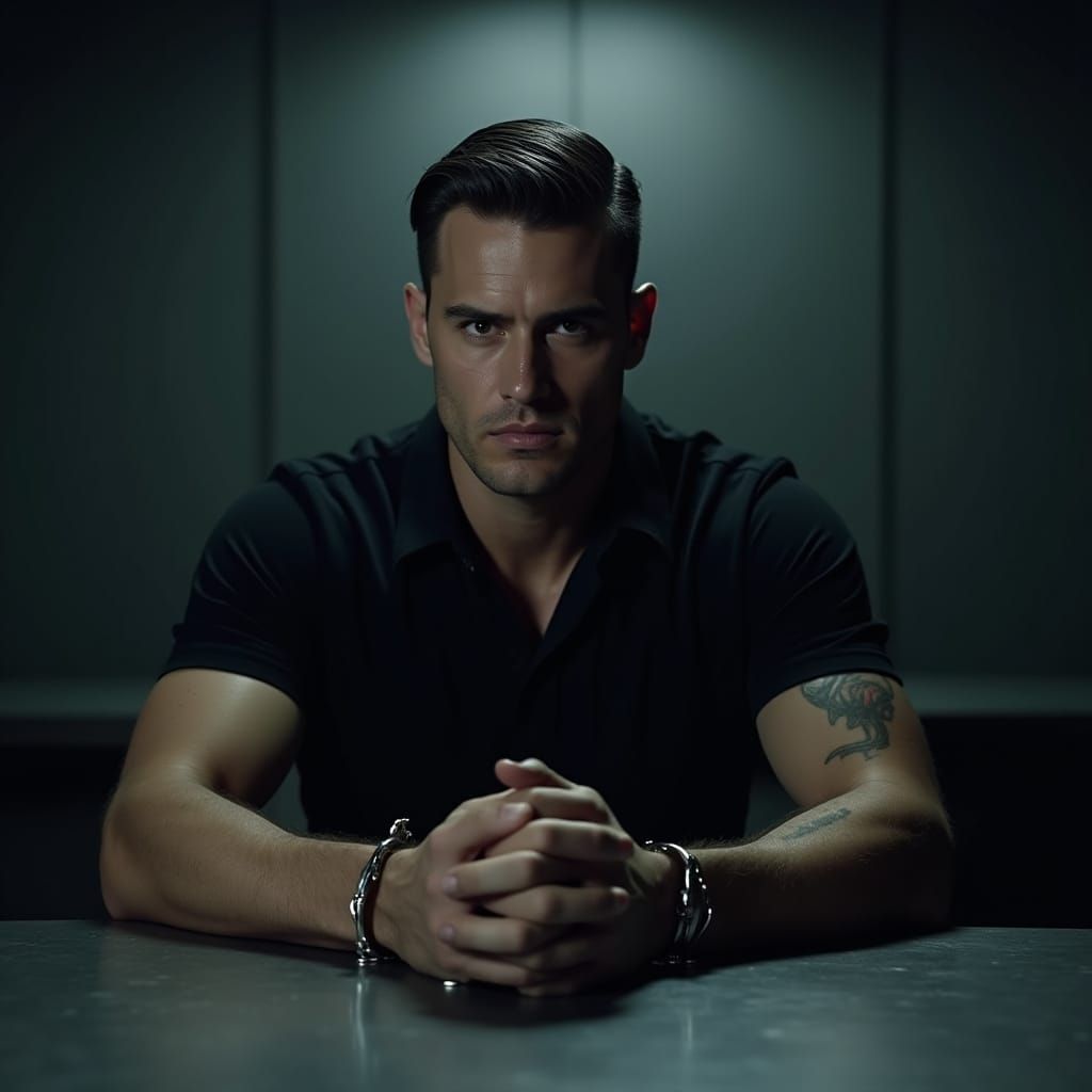 Defiant Man in Interrogation Room, Cinematic Lighting