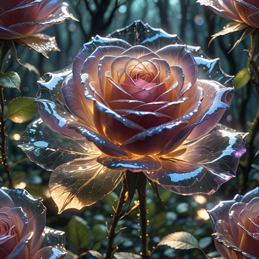 Glowing Glass Rose in Mystical Forest