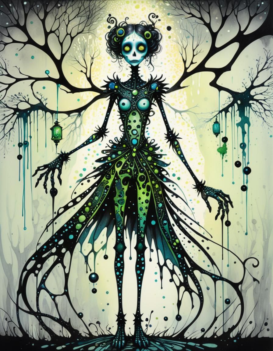 Whimsical Plague Doctor in Pointillist Fantasy Style