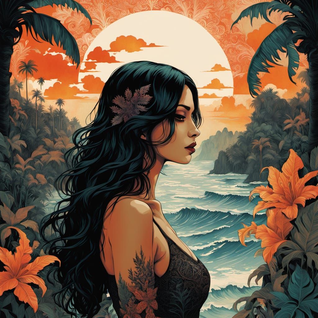 Majestic Gothic Goddess Amidst Tropical Sunset