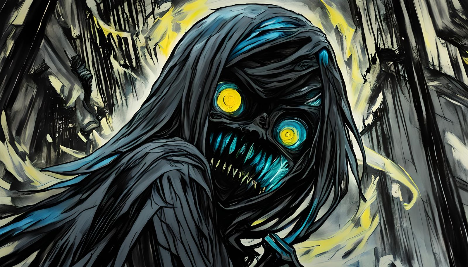 Ethereal Anime Girl in Corridor, Charcoal Drawing