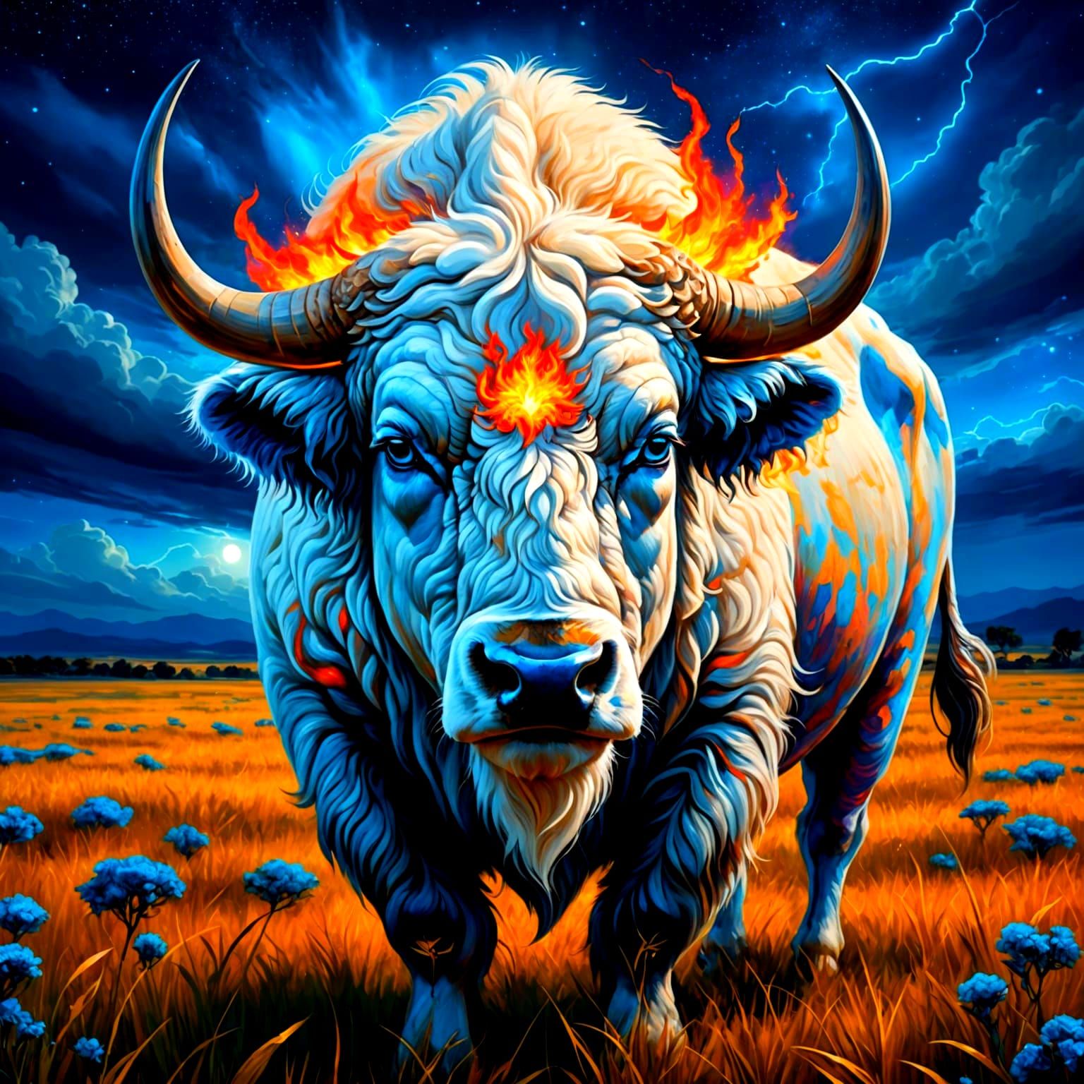 Mystical White Buffalo Grazing During a Thunderstorm