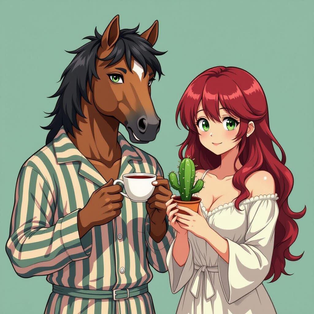 Surreal Anime Horse-Man Sipping Tea