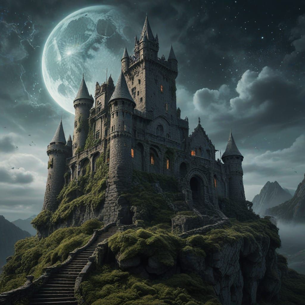 Ancient Castle Silhouetted Against Cosmic Sky