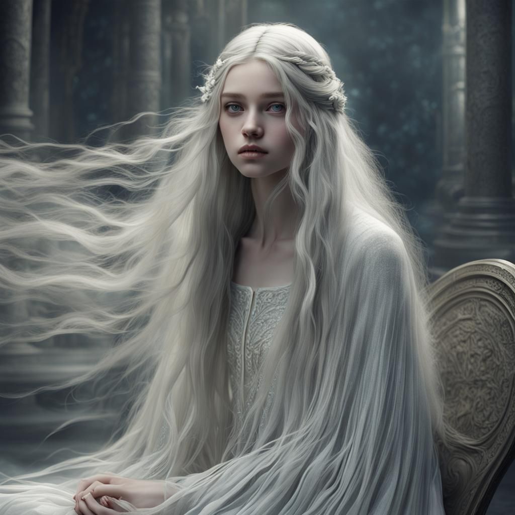 Pale Girl with Silver Hair in Hyperreal Style