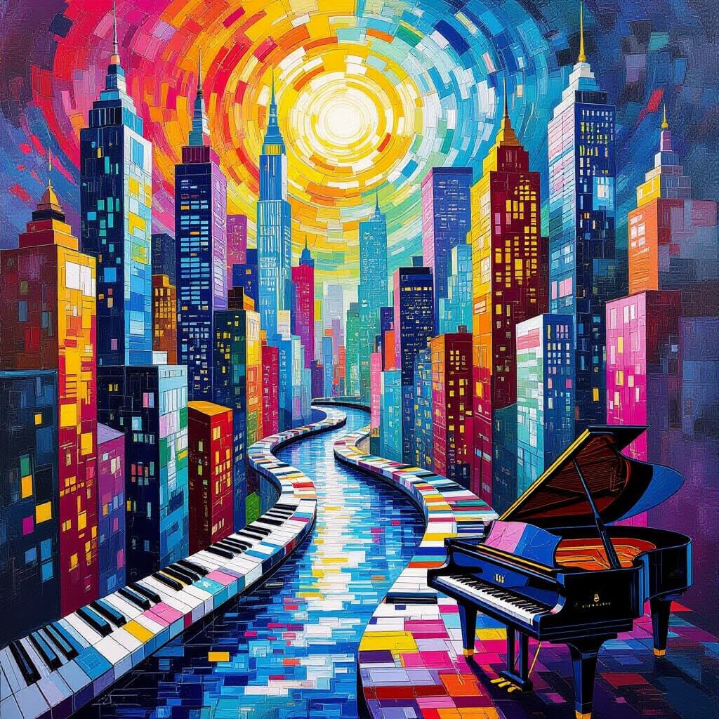 Abstract Musical Cityscape in Cubist Expressionist Style