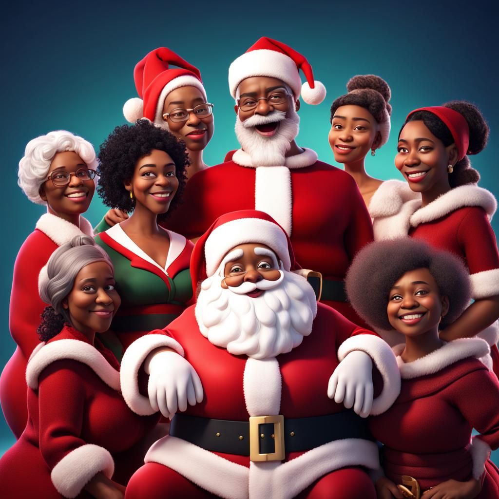 Black Santas and Mrs. Clauses in 3D Art Style