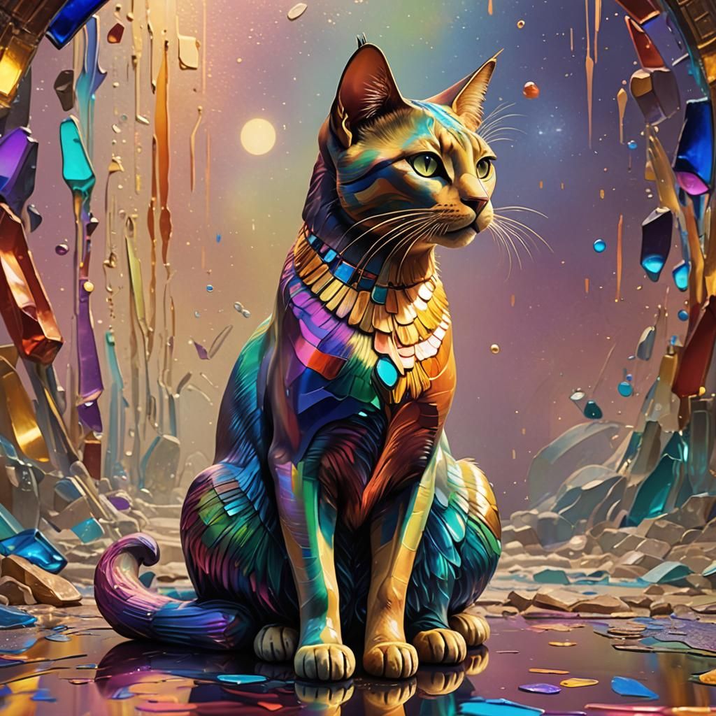 Rainbow Egyptian Glass Cat in Vibrant Oil Painting Style