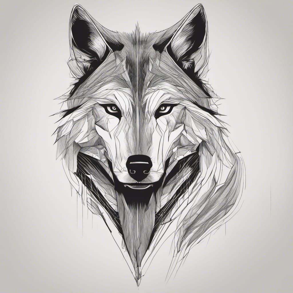 Monochrome Wolf Portrait in Black and White Lines