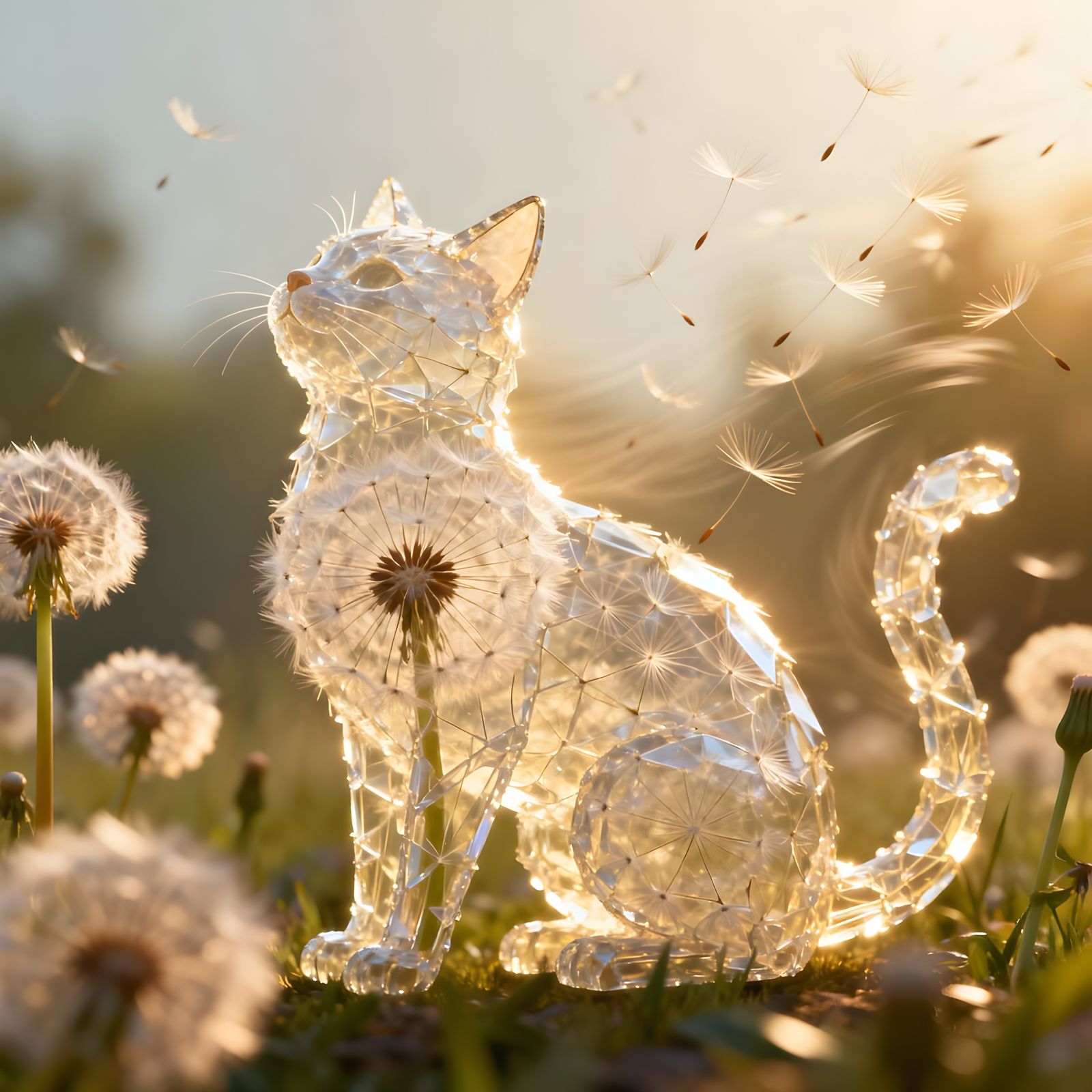 Whimsical Dandelion Seed Cat in Surreal Digital Art