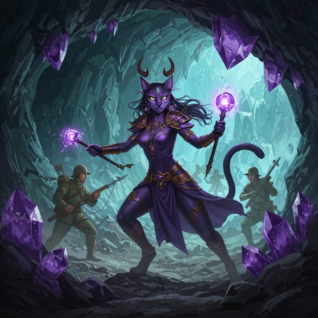 Cat Goddess Demon Hunting Soldiers in Amethyst Cave