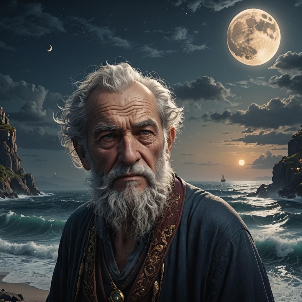 Old Man by Moonlit Sea: Detailed Matte Painting
