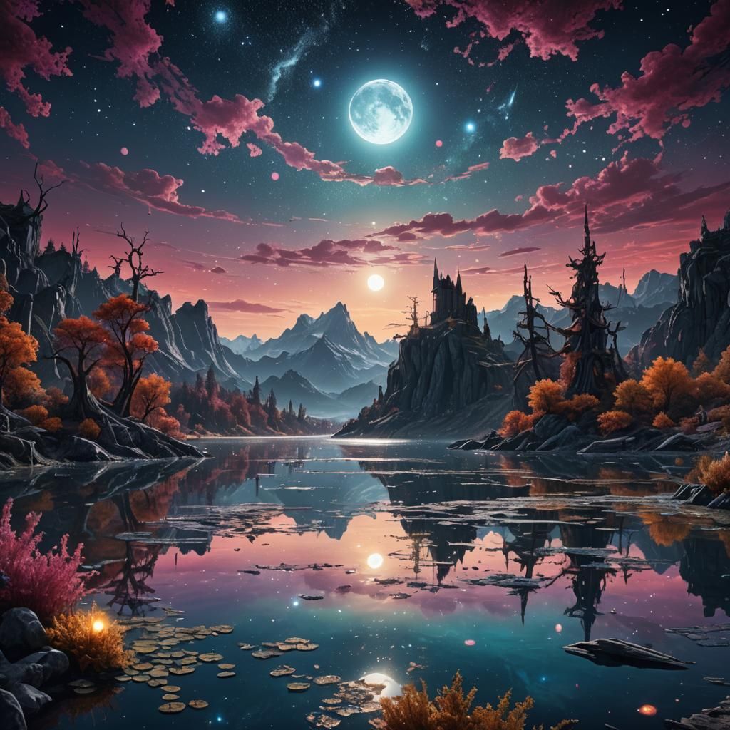 Cosmic Moonlit Lake: Fantasy Concept Art