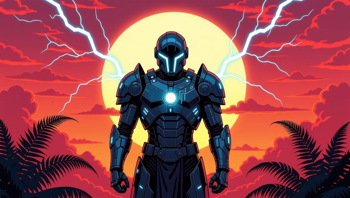 Epic Cybroid Knight Dominates Tangerine Skies