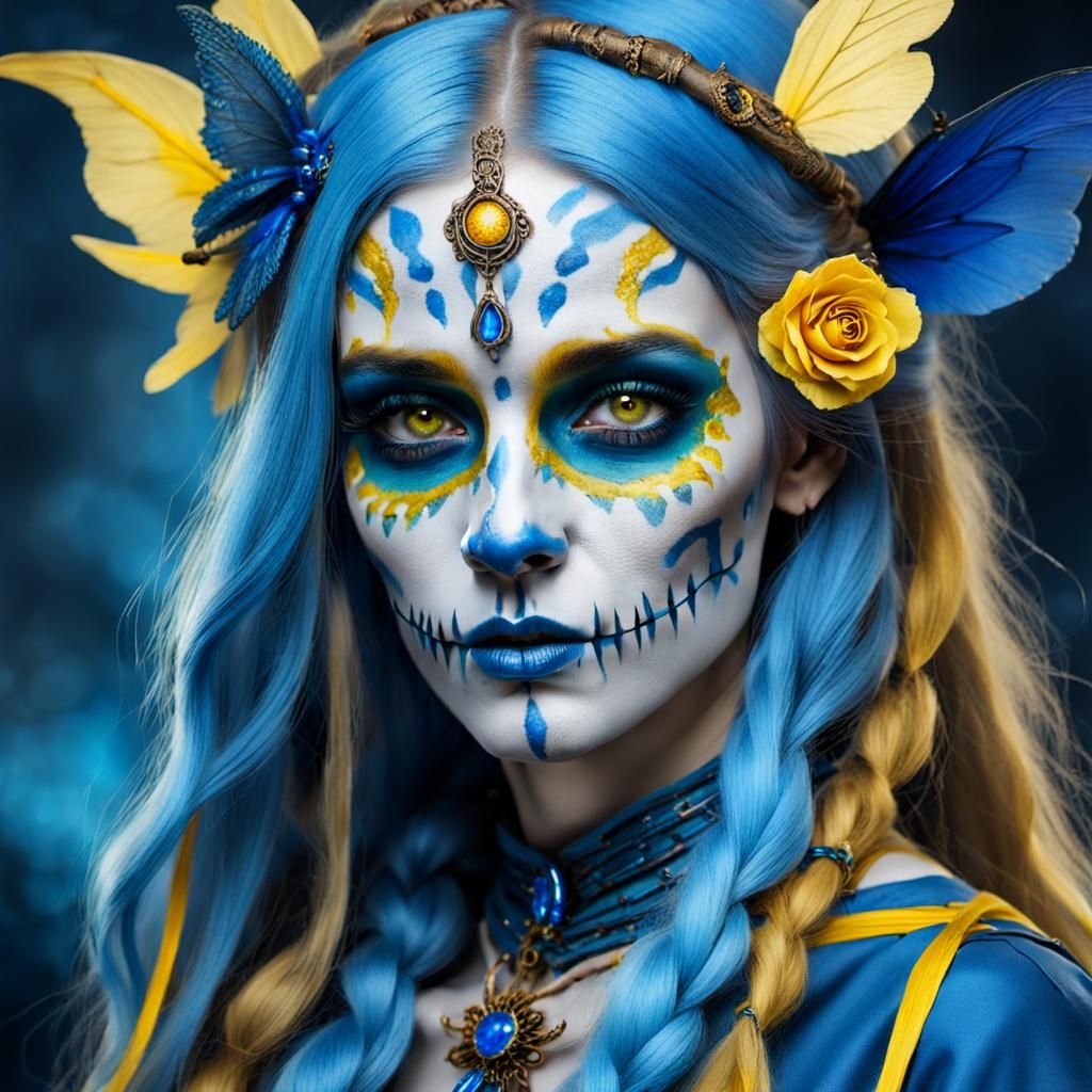 Fae Woman with Bone Makeup and Blue Accessories