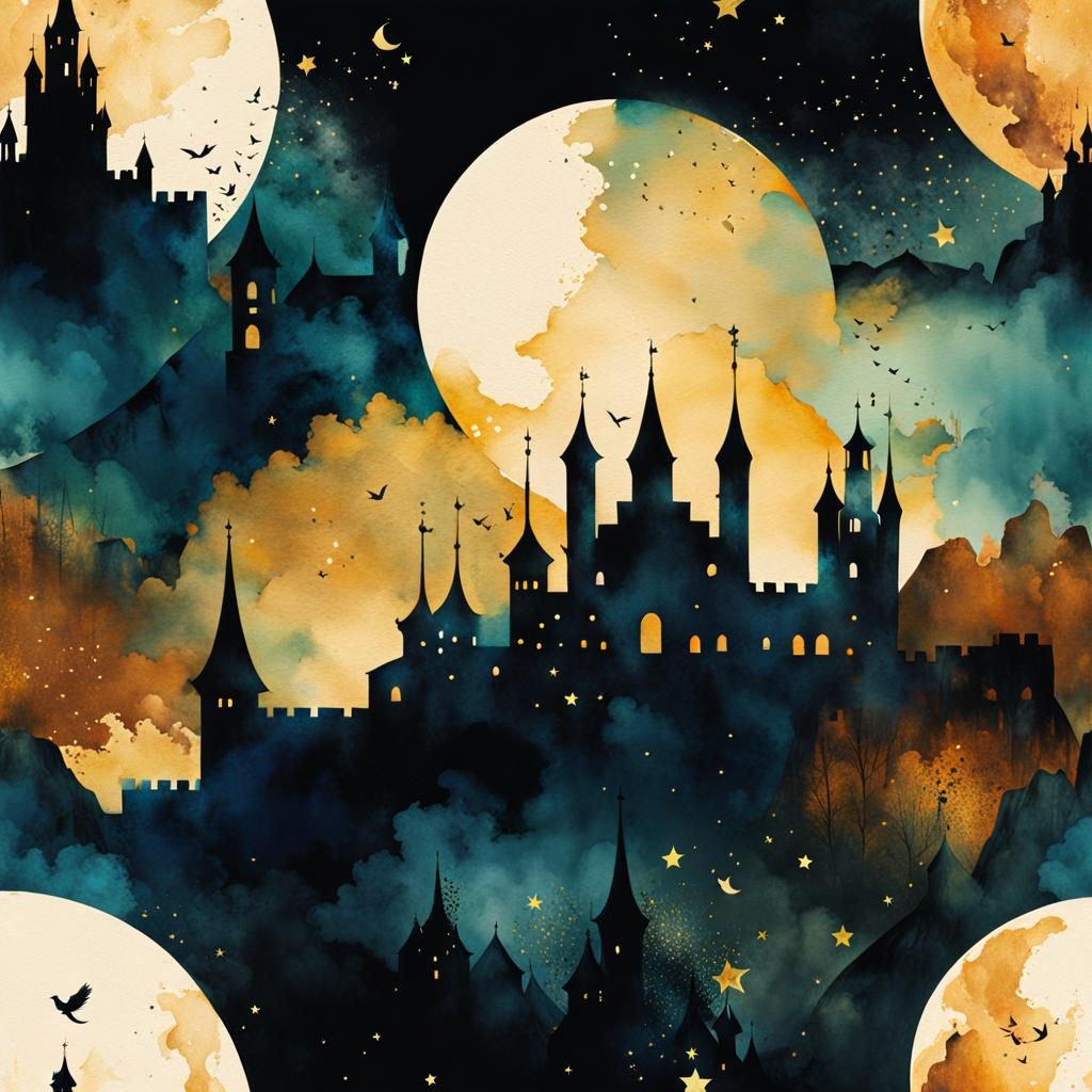 Moonlit Xanadu Castle with Zodiac Signs in Watercolor