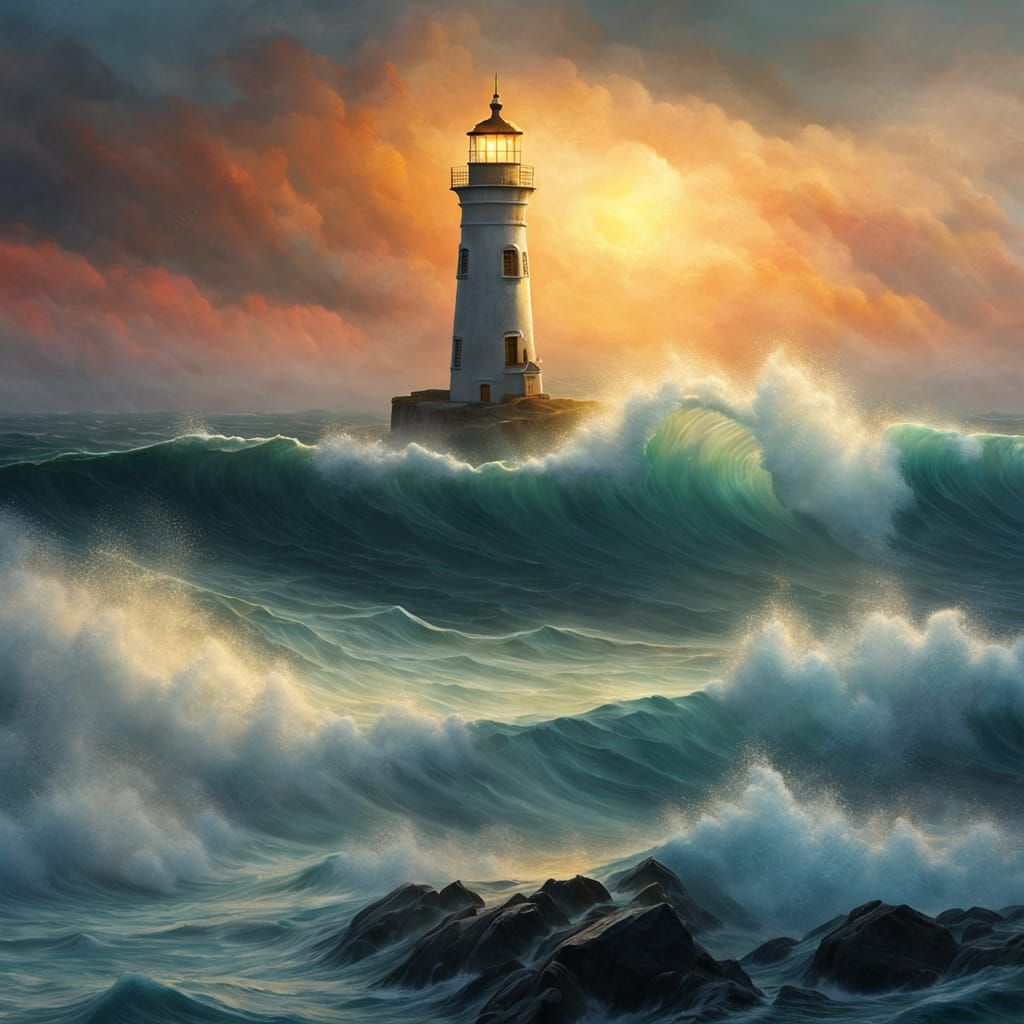 Surreal Lighthouse in Ocean Oil Painting