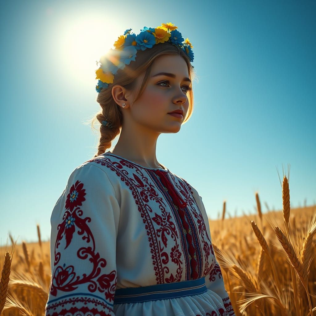 Ukrainian Girl in Wheat Field, Hyperrealistic Style
