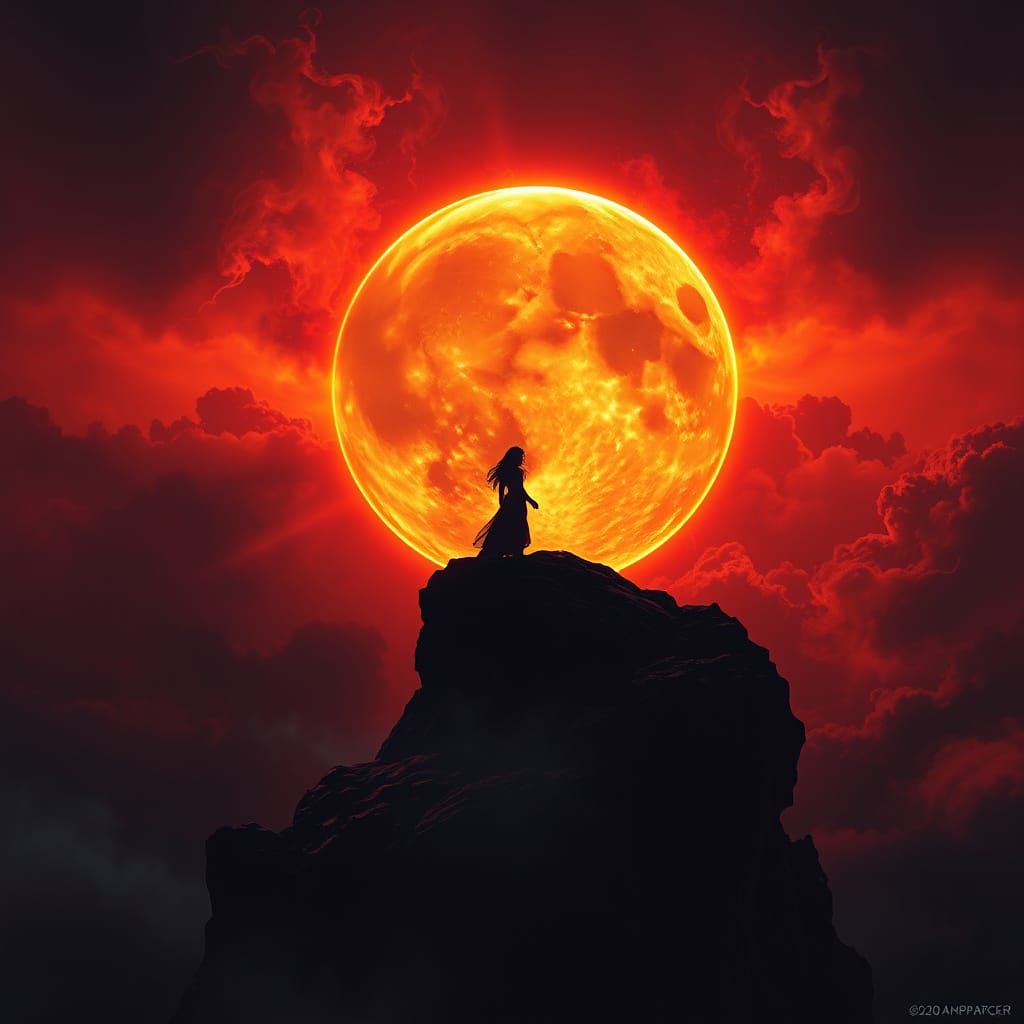 Ethereal Eclipse Goddess Ascends in Crimson Haze