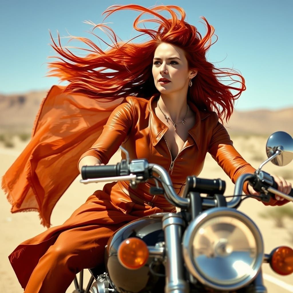 Sultry Redhead Rides Motorcycle Across Desert Landscape