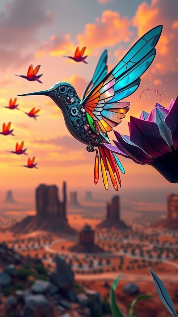 Robotic Hummingbird Sipping Nectar in Futuristic Garden