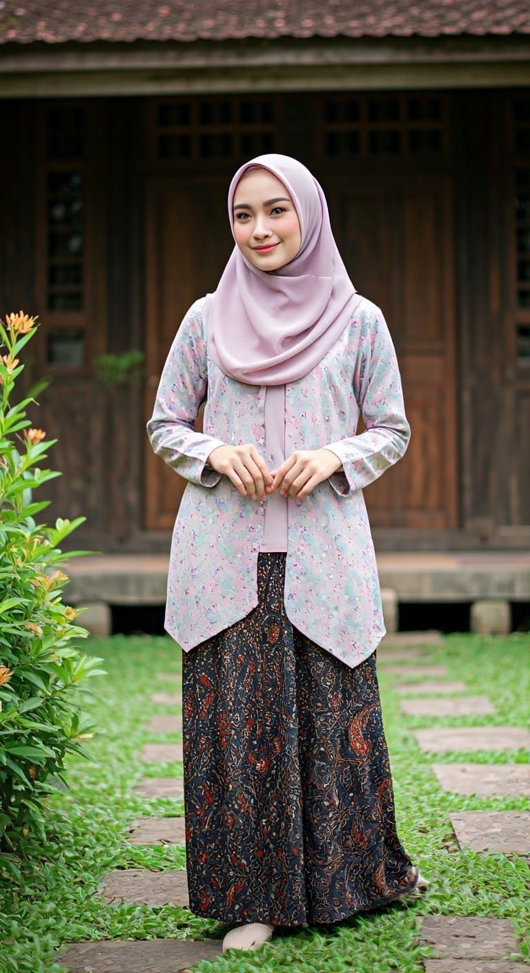 Beautiful Woman in Batik Dress with Natural Background