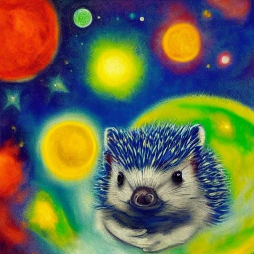 Surrealistic Cosmic Hedgehog in Vibrant Oil Painting