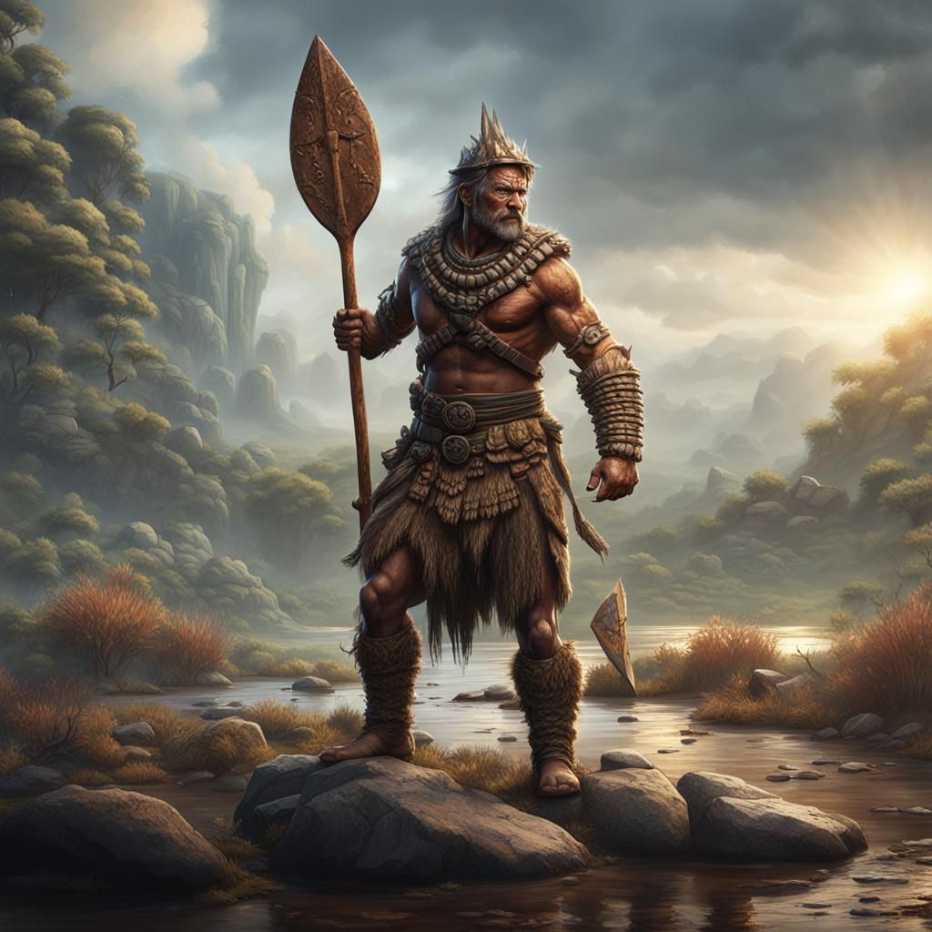 Tribal Warrior on Stone Age Battlefield: Detailed Matte Pain...