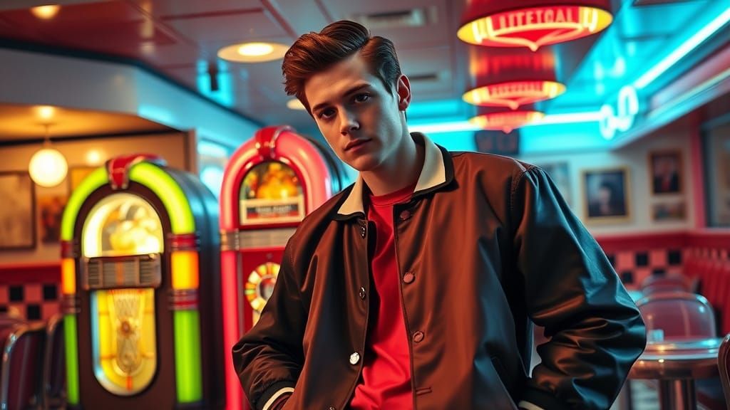 1950s Diner Scene with Man in Letterman Jacket