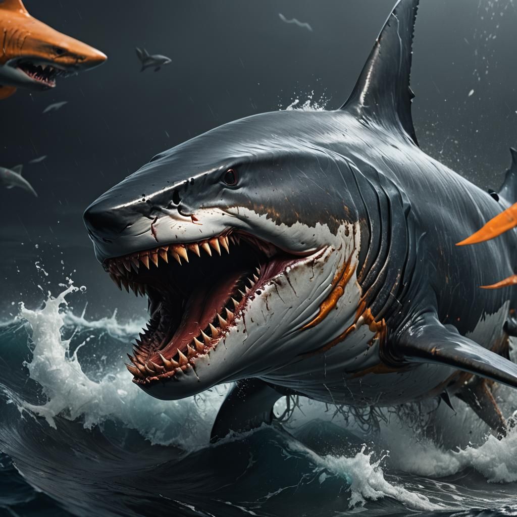 Gigantic Shark Attack in Dark Fantasy Style