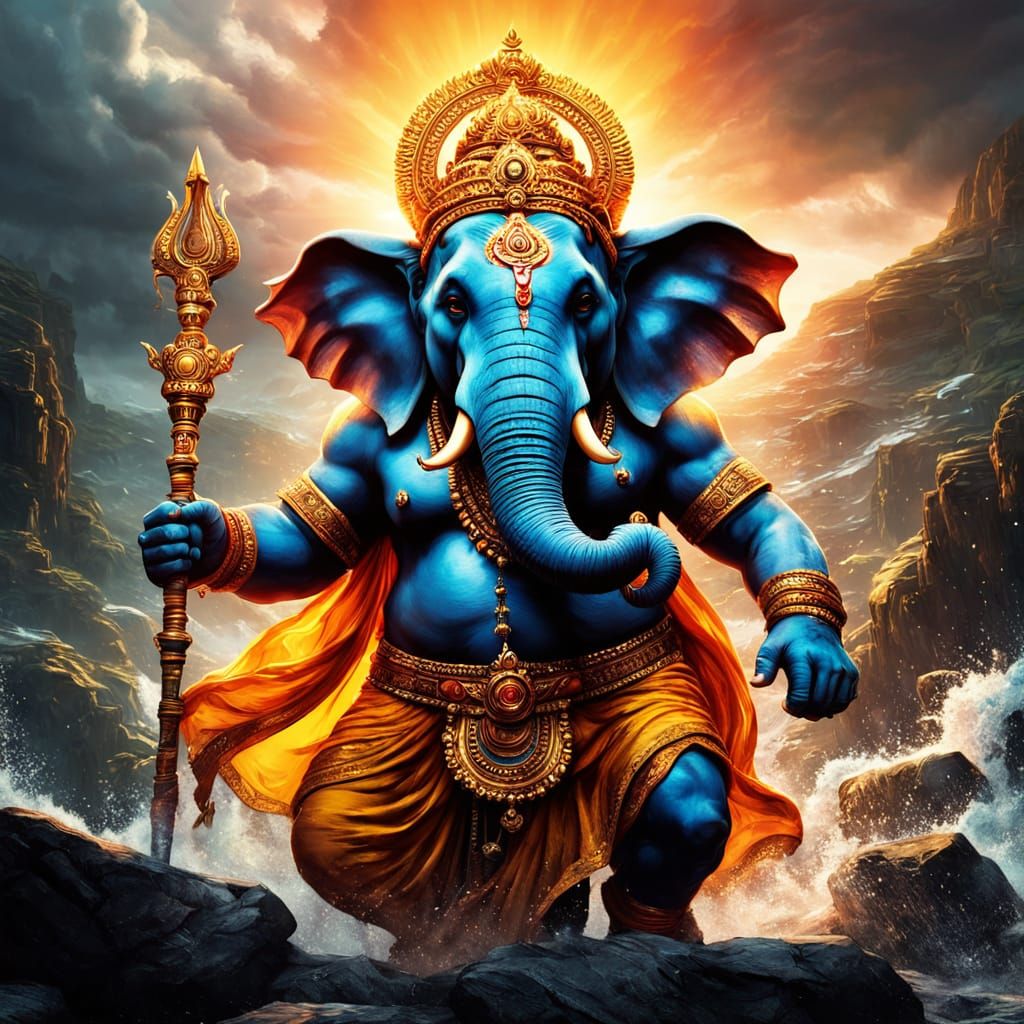 Lord Ganesha in Stormy Terrain: Mythological Digital Art