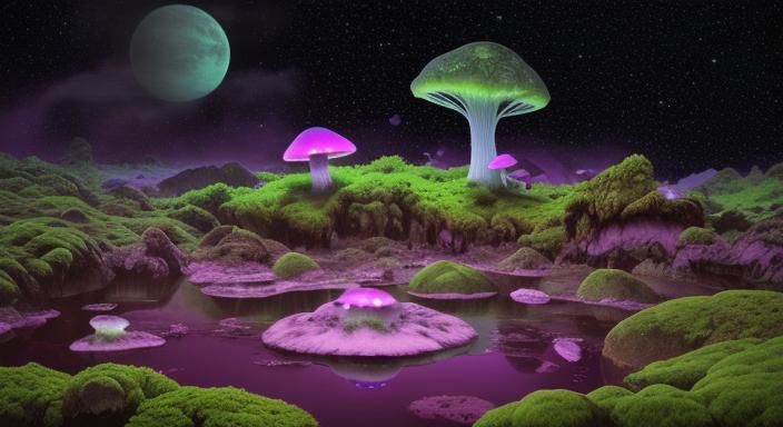 Alien Planet with Bioluminescent Mushrooms and Misty Sky
