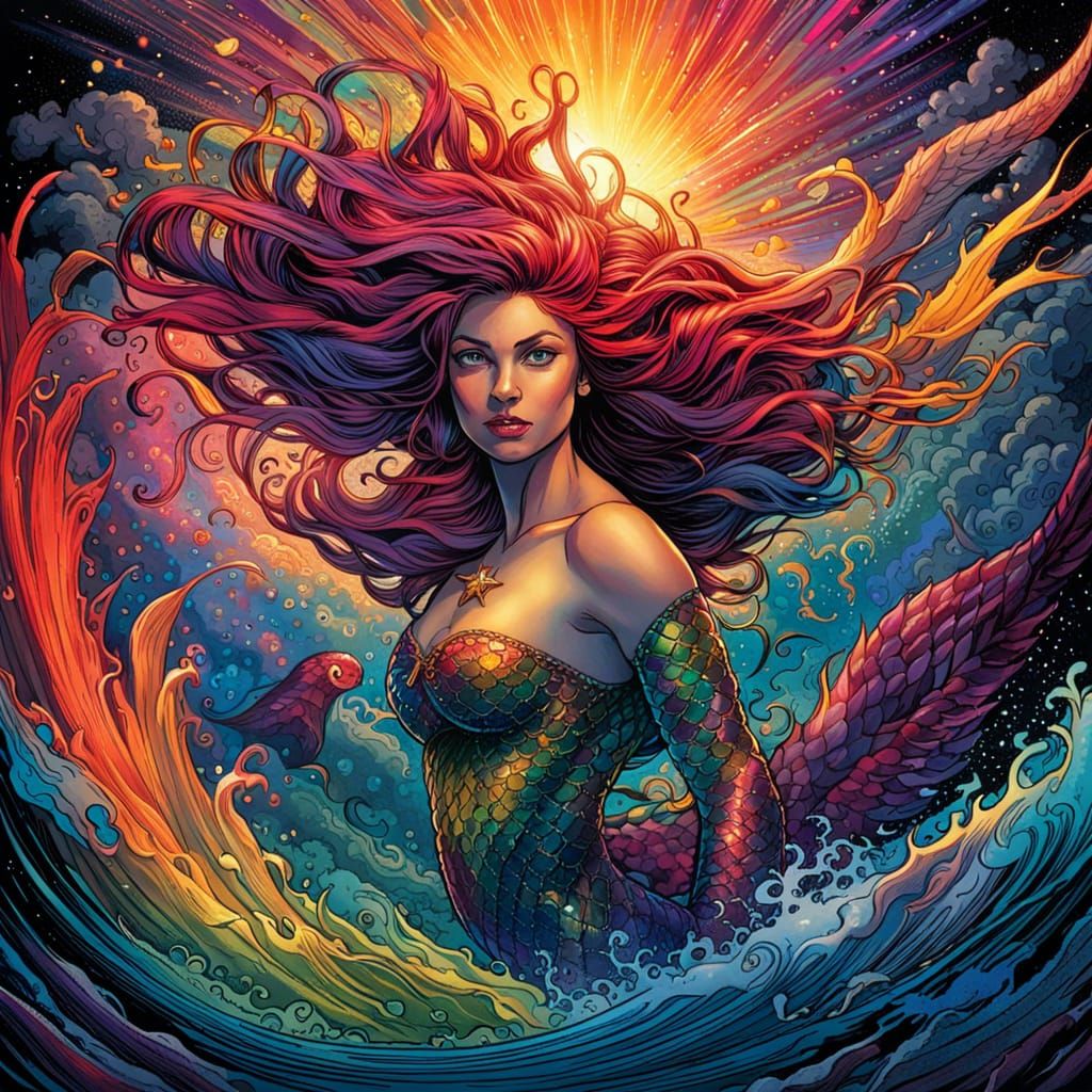Colorful Mermaid Swimming Underwater in Comic Art Style