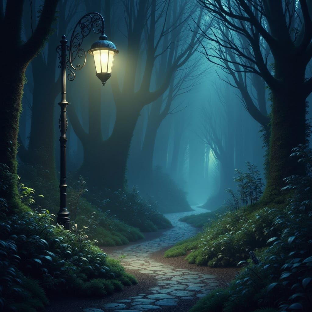 Ethereal Streetlamp in Misty Haunted Forest Portal