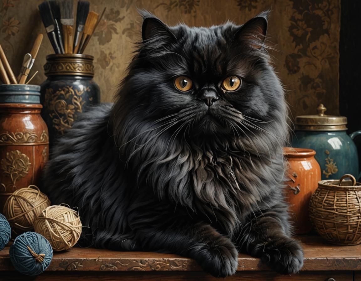 Charming Black Persian Cat Relaxing Comfortably at Home