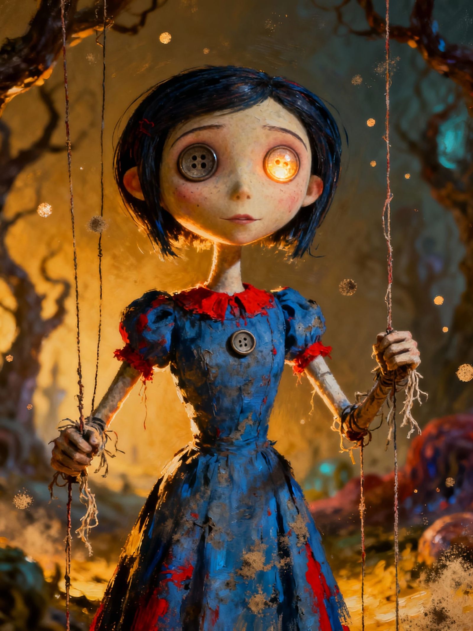Coraline as a Creepy Button-Eyed Marionette in Oil Paint