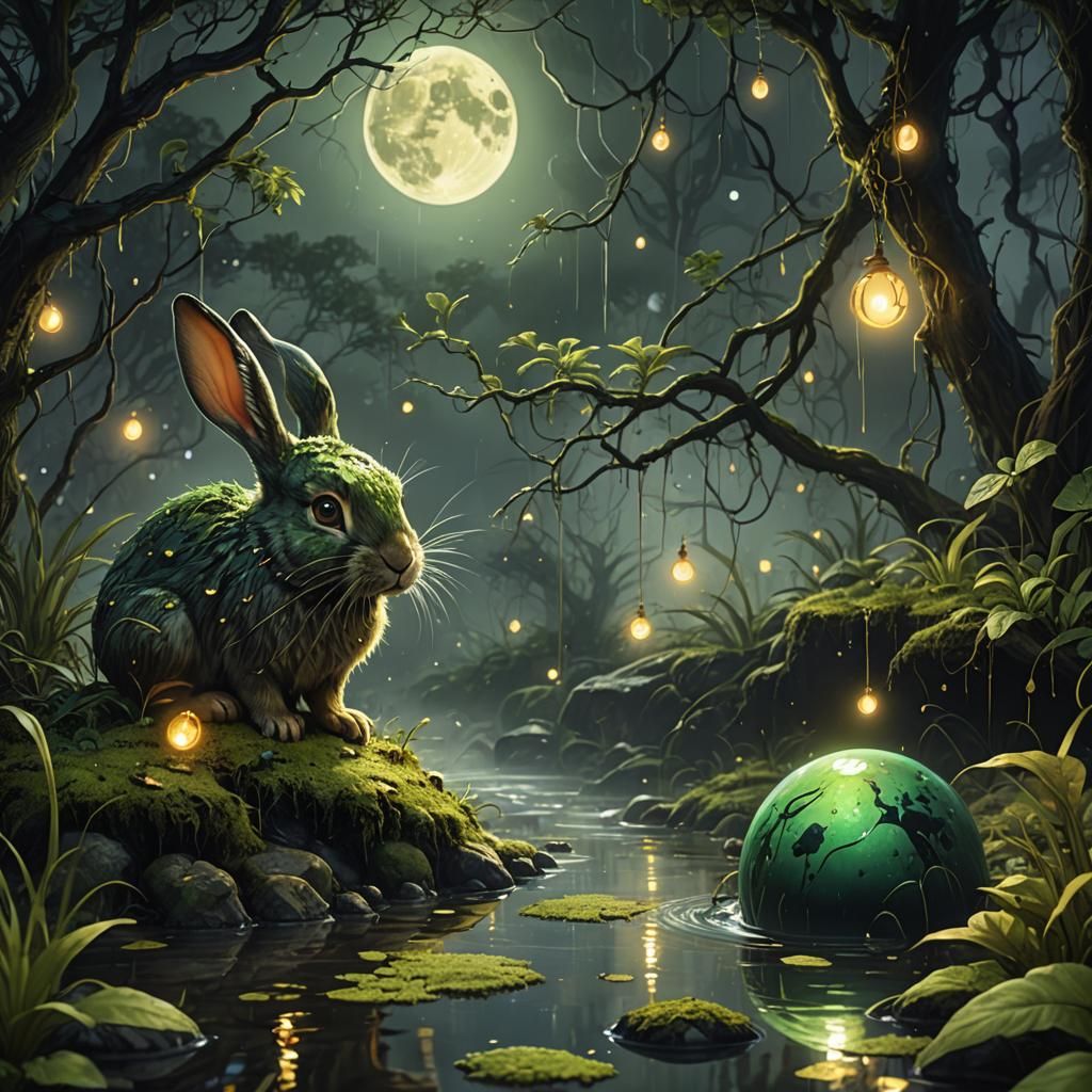 Green Rabbits in Magical Swamp: Hyperrealistic Splash Art
