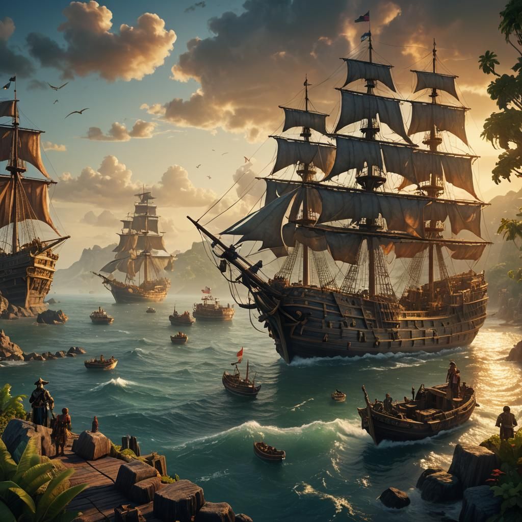 Victorious Pirates on Relaxing Shores: Fantasy Art