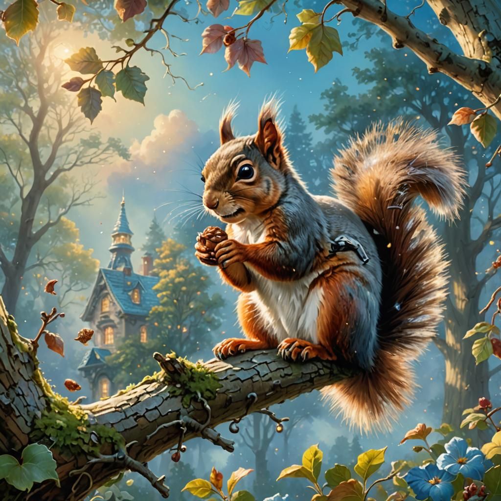 Squirrel's Delight: A Thomas Kinkade-Inspired Fantasy