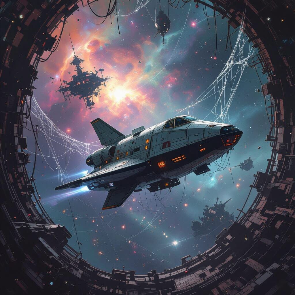 Spaceship Wreckage Caught in Cosmic Spiderwebs