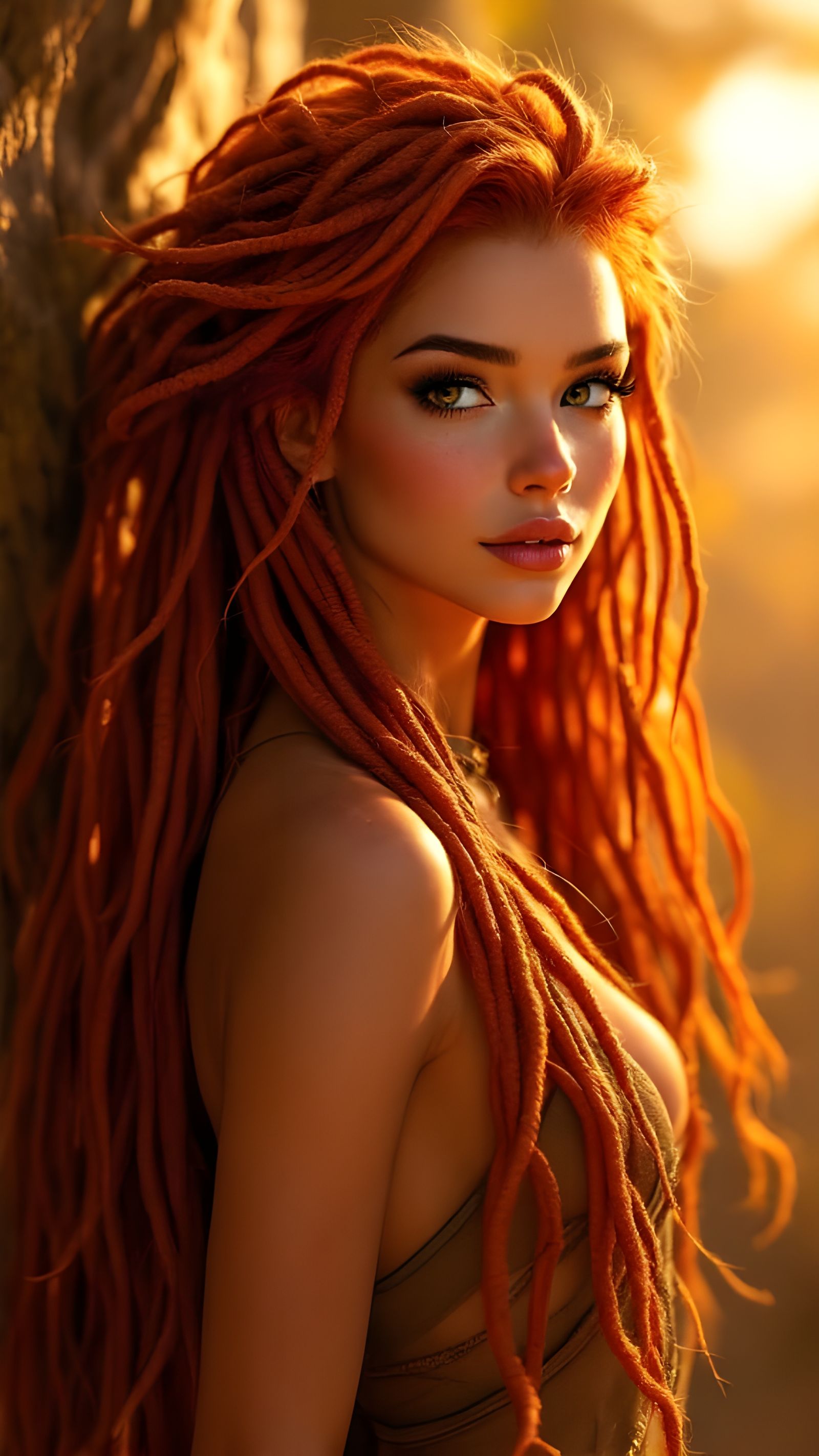 Vibrant Redhead Goddess in Sun-Kissed Savannah Landscape
