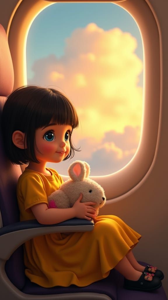Girl with Bunny at Airplane Window in Pixar Style