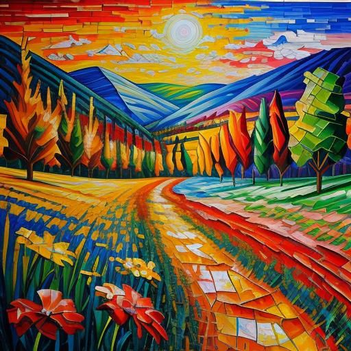 Colorful Impressionist Landscape with Mosaic Texture