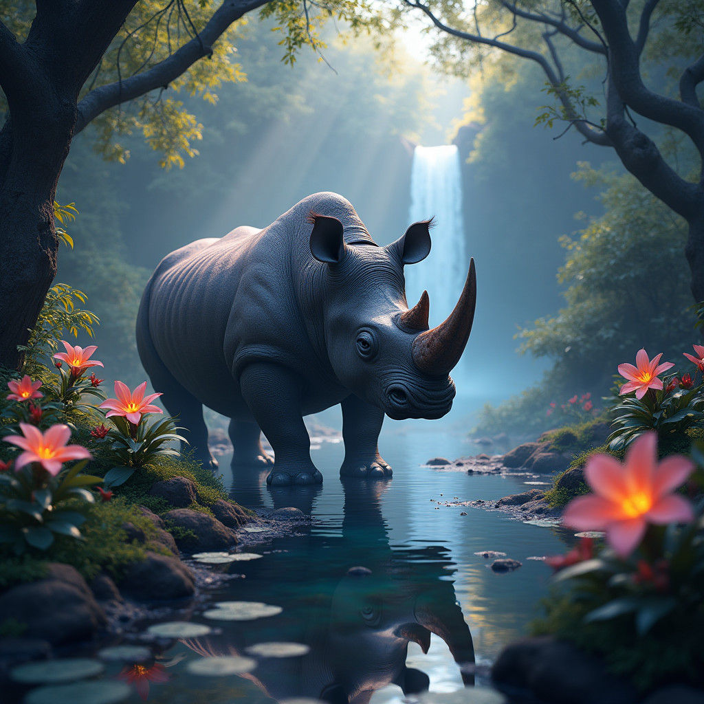 Majestic Javan Rhinoceros in Dreamlike Fantasy Environment
