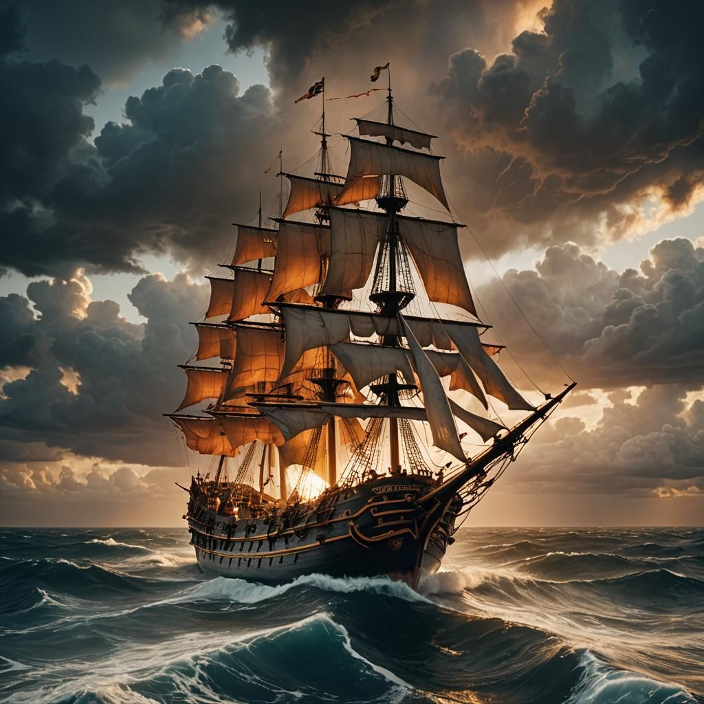 Giant Pirate Ship Sailing Stormy Seas at Sunset